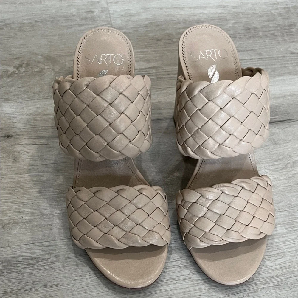Sarto Braided Block Heel Sandals Beige Leather Womens‎ 7 Wedding Classic Chic